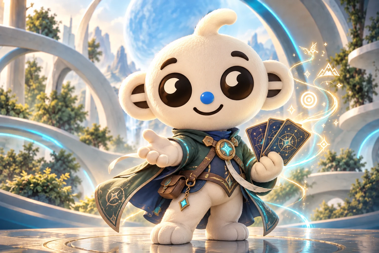 Mascote guardião da Epode com cartas e capa, no universo Alpha